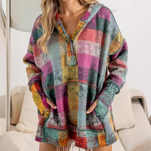 Damen lässiger Block-Check Pullover mit Kapuze und praktischen Taschen EB