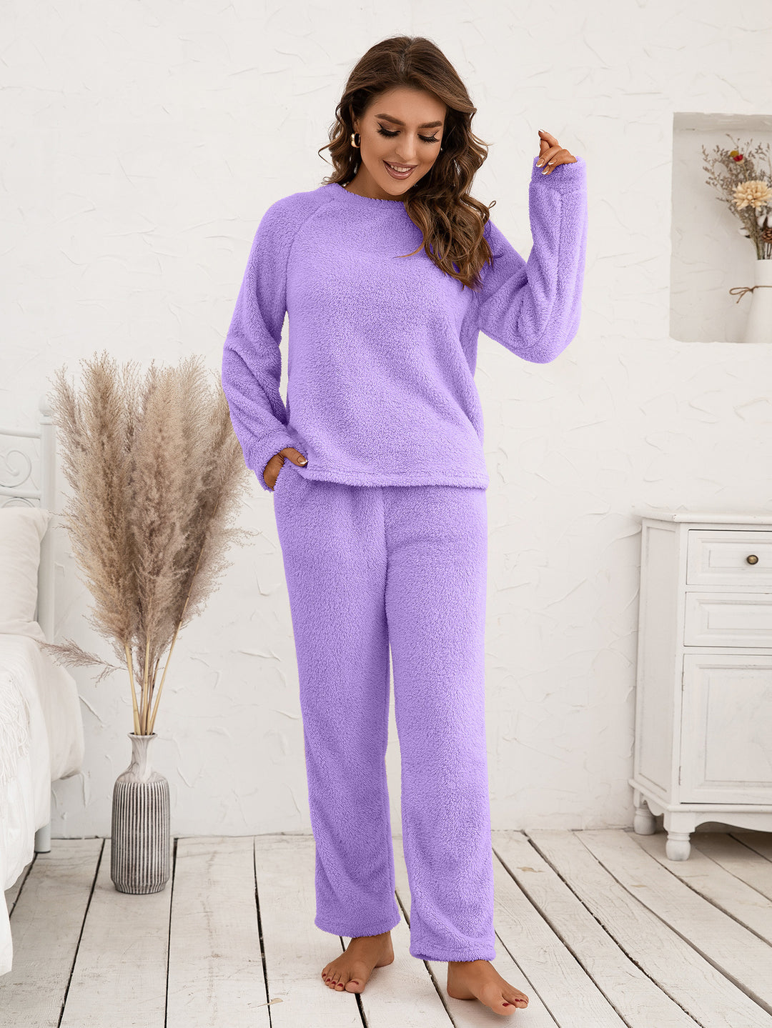 Damen Kuscheliges Fleece-Pyjama-Set mit langen Ärmeln und bequemen Hosen EB
