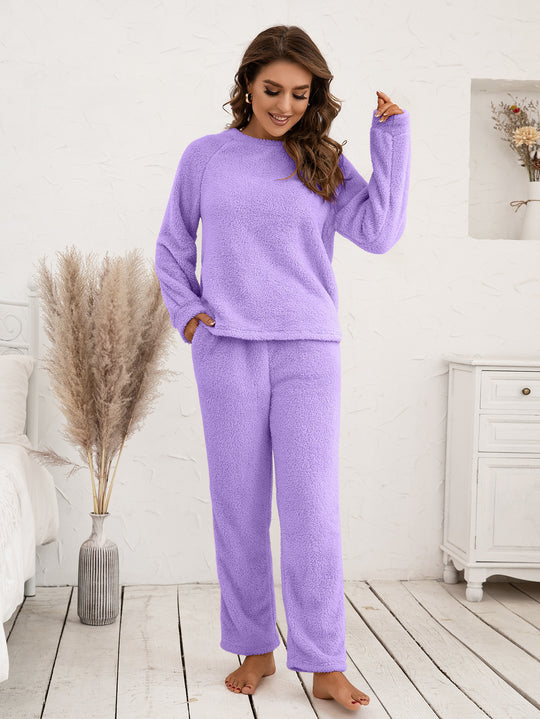 Damen Kuscheliges Fleece-Pyjama-Set mit langen Ärmeln und bequemen Hosen EB