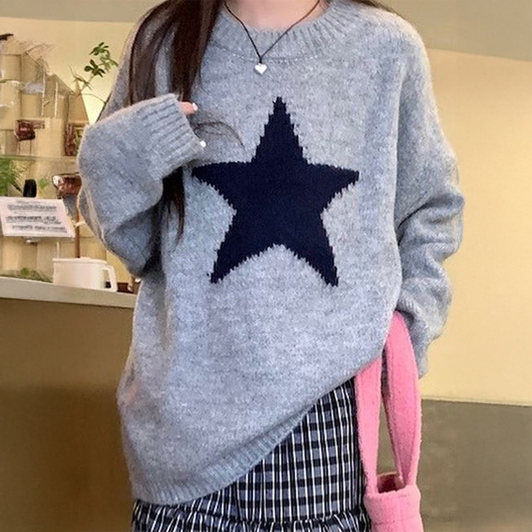 Damen nan oversized Strickpullover mit markantem Sternmotiv, Rundhalsausschnitt und gerippten Bündchen EB