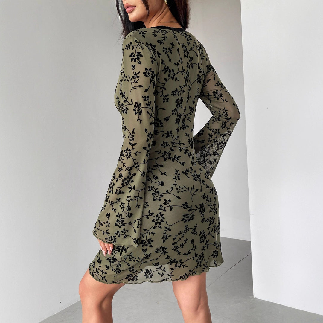 Damen nan tailliertes Netzstoff-Minikleid mit Samtflock-Blütenmuster, tiefem V-Ausschnitt und Schleifenapplikation EB