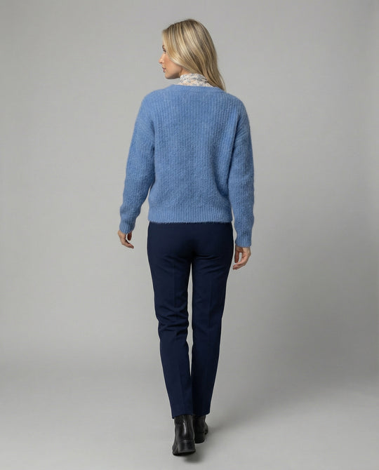 Blauer Strickpullover Damen Lockerer Oversize Look Rundhals Langarm Weich