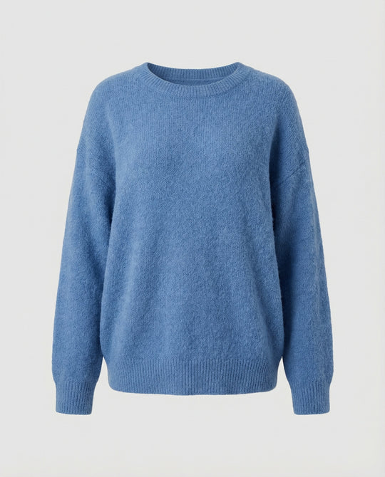 Blauer Strickpullover Damen Lockerer Oversize Look Rundhals Langarm Weich