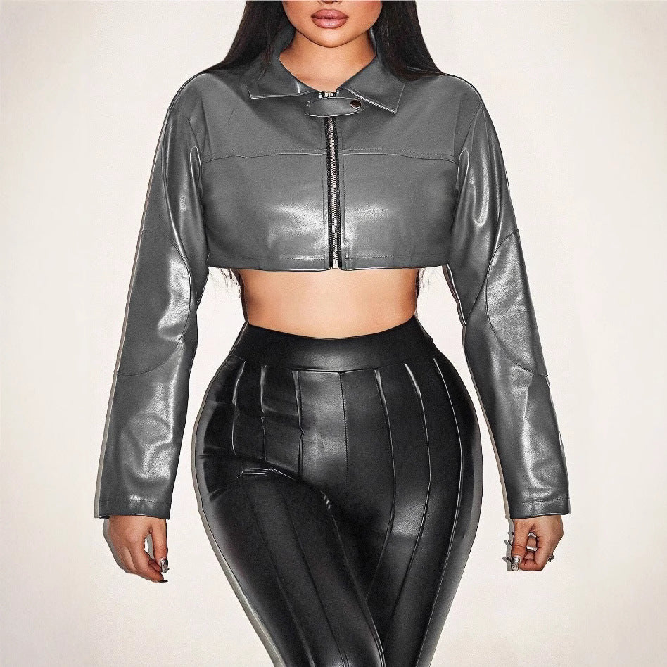 Damen cropped Kunstlederjacke mit innovativem Reißverschluss EB