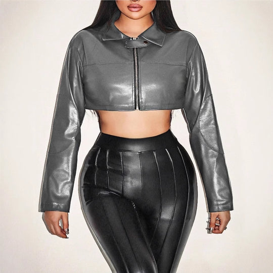 Damen cropped Kunstlederjacke mit innovativem Reißverschluss EB