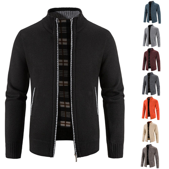 Herren nan Strickjacke mit durchgehendem Reißverschluss, Stehkragen und kariertem Futter EB