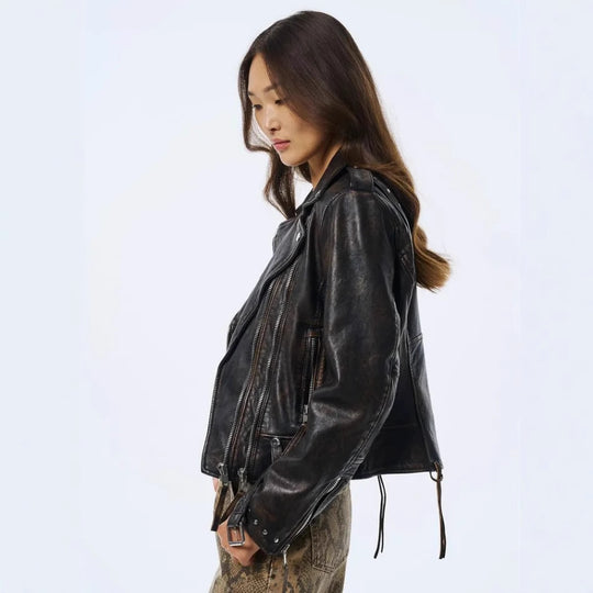 Damen Kunstleder Bikerjacke mit asymmetrischem Reißverschluss EB