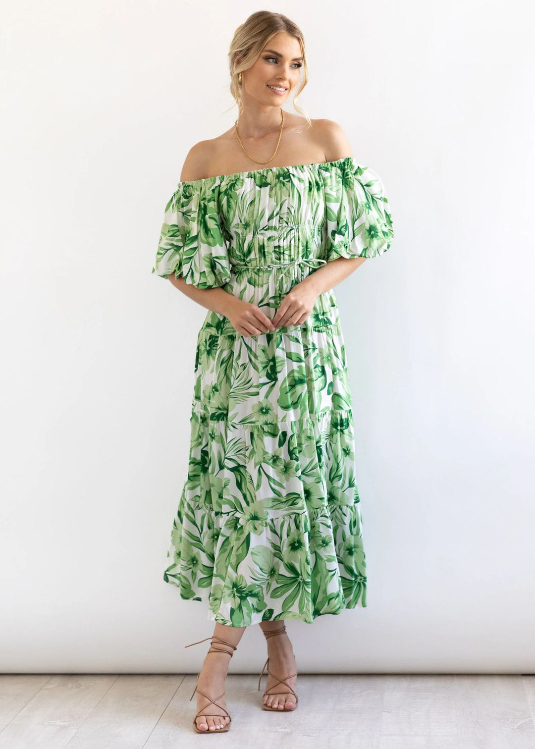 Damen Maxi Kleid mit ausgefallenem Off-Shoulder Design und voluminösen Ärmeln EB