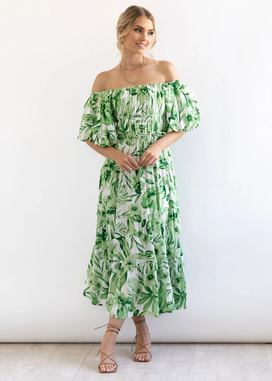 Damen Maxi Kleid mit ausgefallenem Off-Shoulder Design und voluminösen Ärmeln EB