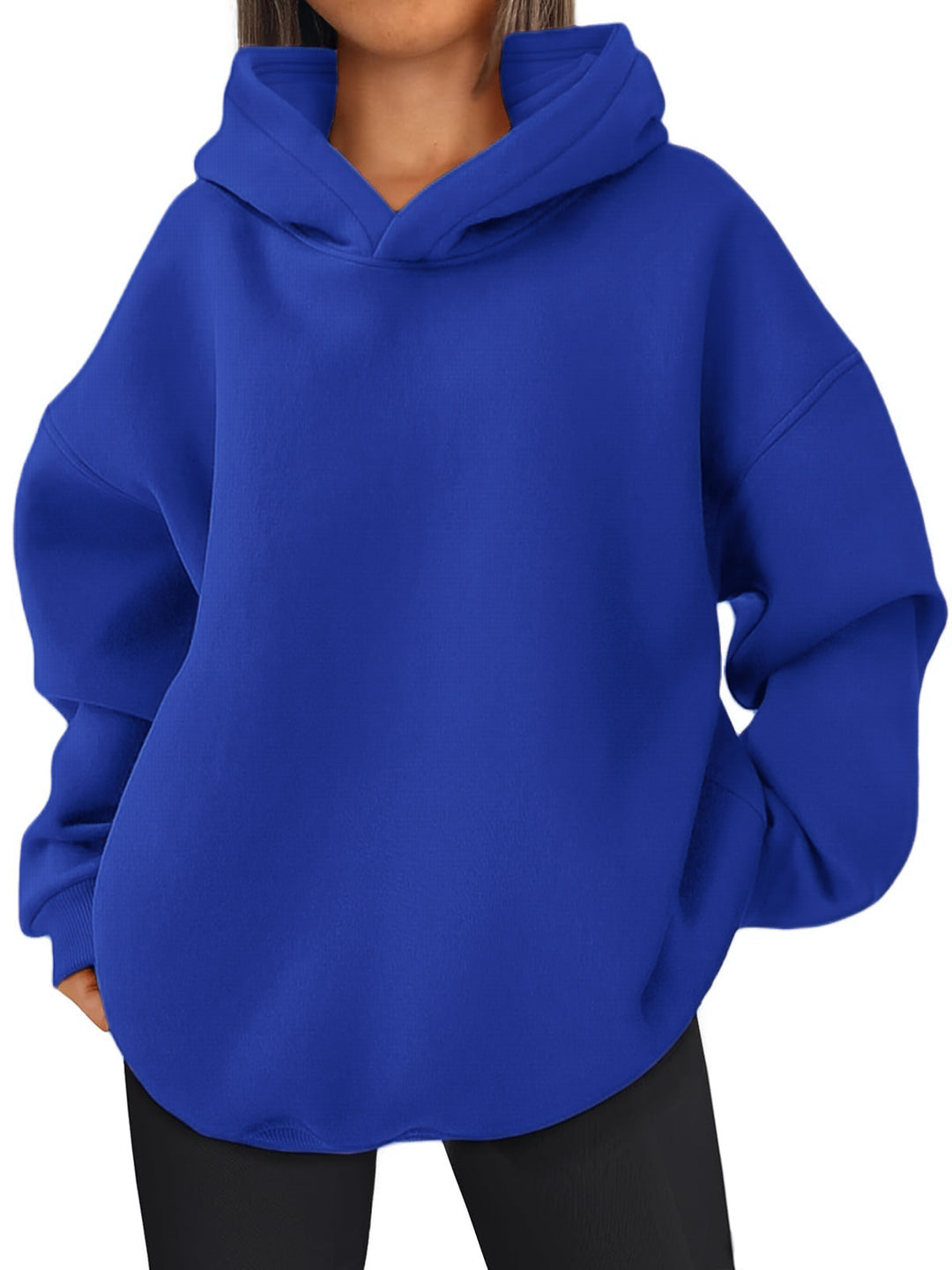 Damen nan kastiger Kapuzenpullover mit doppellagiger Kapuze, überschnittener Schulter und längerem Rückenteil EB