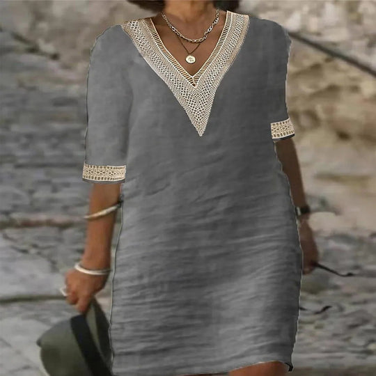 Damen Leichtes Leinen-Midikleid mit V-Ausschnitt und Häkelspitzenbesatz EB
