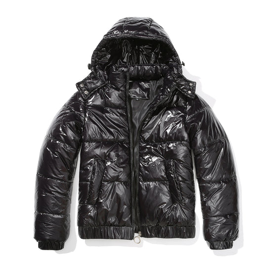 Damen glänzende Steppjacke mit abnehmbarer Kapuze EB