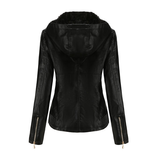 Damen nan taillierte Kunstlederjacke mit Kapuze, wattiertem Innenfutter und verdeckten Reißverschlusstaschen EB