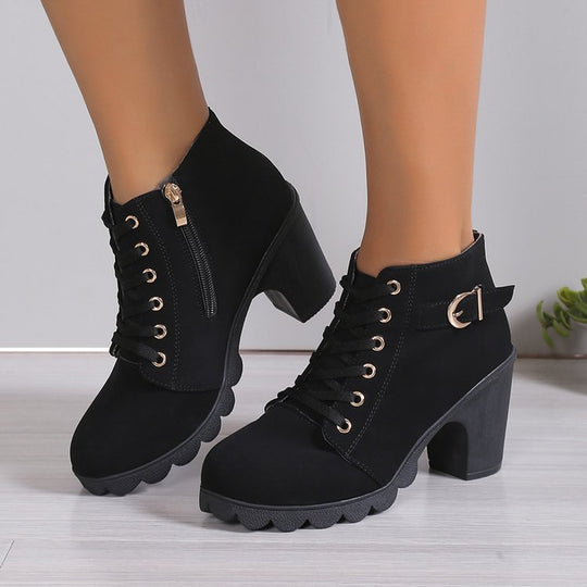 Damen Schnürstiefeletten mit Blockabsatz und Reißverschluss EB