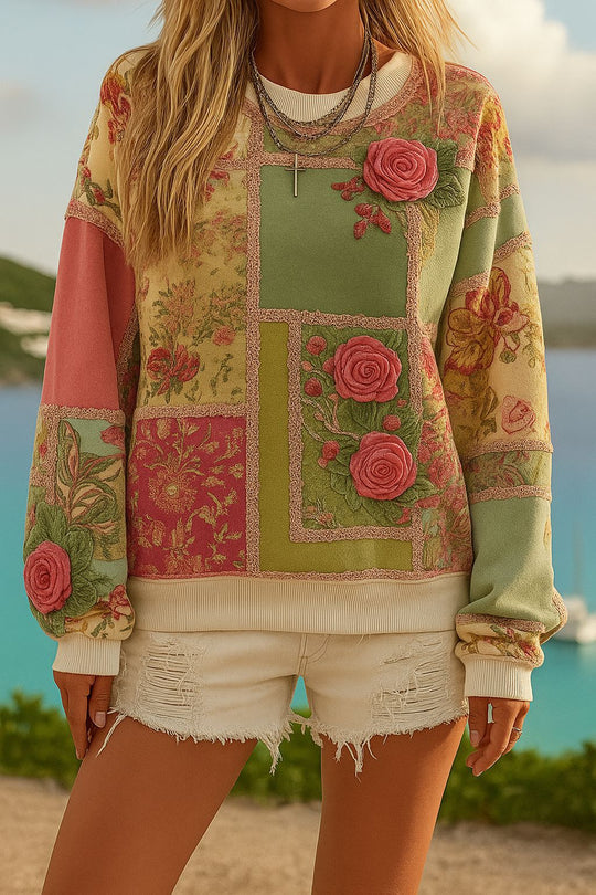 Damen Gemustertes Oversize-Sweatshirt mit dreidimensionalen Rosenapplikationen und Rippbündchen EB