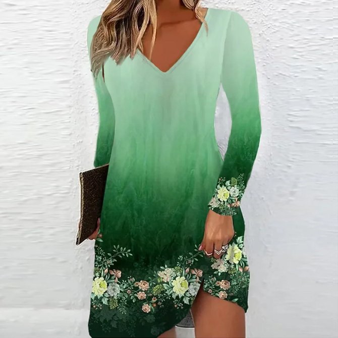 Damen V-Ausschnitt Kleid mit floralen Akzenten und langen Ärmeln EB