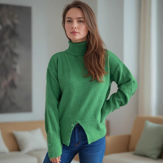 Damen modischer Rollkragenpullover mit Knopfdetails und asymmetrischem Saum EB