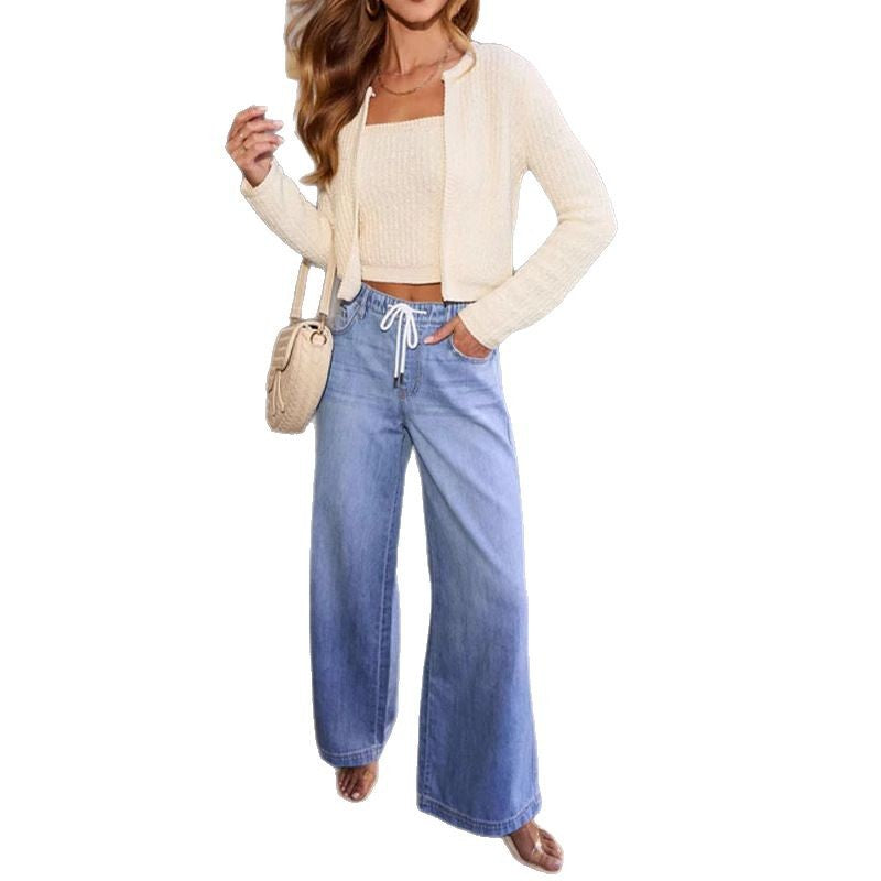 Damen Weit geschnittene Denim-Hosen mit elastischem Bund und modernem Kordelzug EB