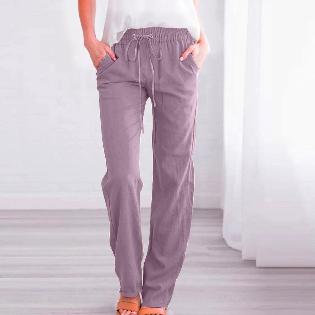 Damen Bequeme Leinen-Hose mit elastischem Bund und Taschen EB