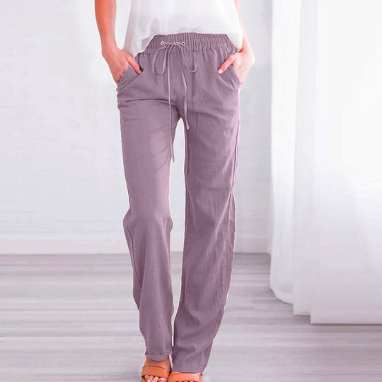 Damen Bequeme Leinen-Hose mit elastischem Bund und Taschen EB