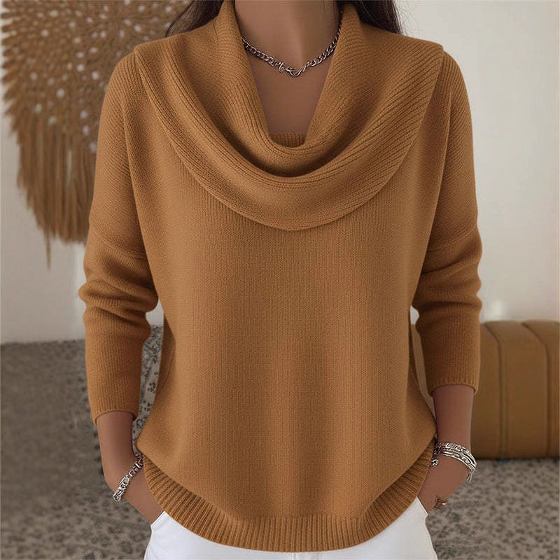 Damen nan schimmernder Strickpullover mit Wasserfallkragen, feiner Glitzerstruktur und schmalem Saum EB