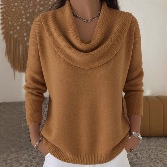 Damen nan schimmernder Strickpullover mit Wasserfallkragen, feiner Glitzerstruktur und schmalem Saum EB