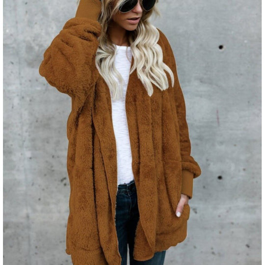 Damen Oversize Teddy‑Fleece‑Mantel mit offener Front, Eingrifftaschen und Rippbündchen EB