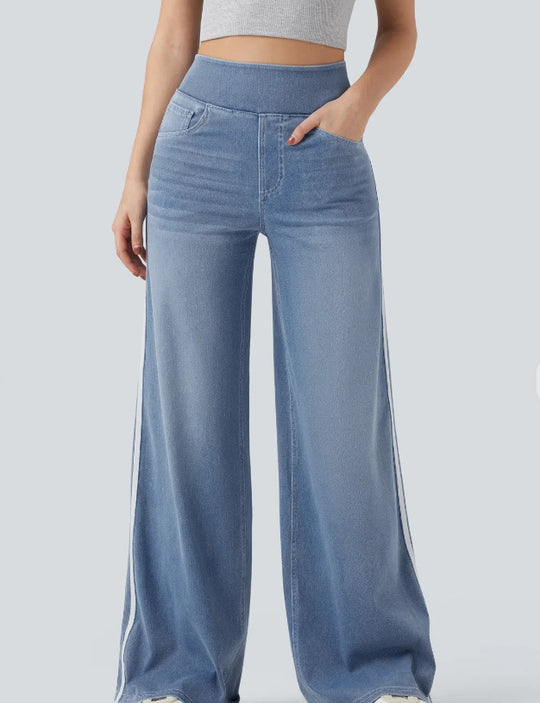 Damen weite Denim-Hose mit seitlichem Streifen und hohem Bund EB