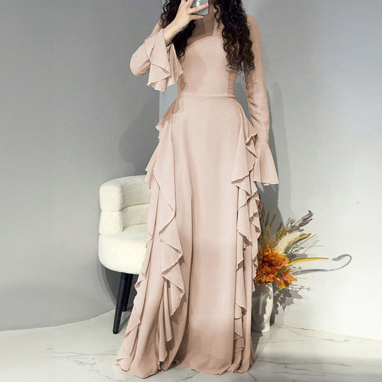 Damen nan Maxikleid mit Volantbesatz, taillierter Empire‑Silhouette und langen Glockenärmeln EB