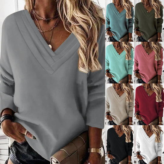 Damen Lässiges V-Ausschnitt Pullover mit eleganten Falten EB