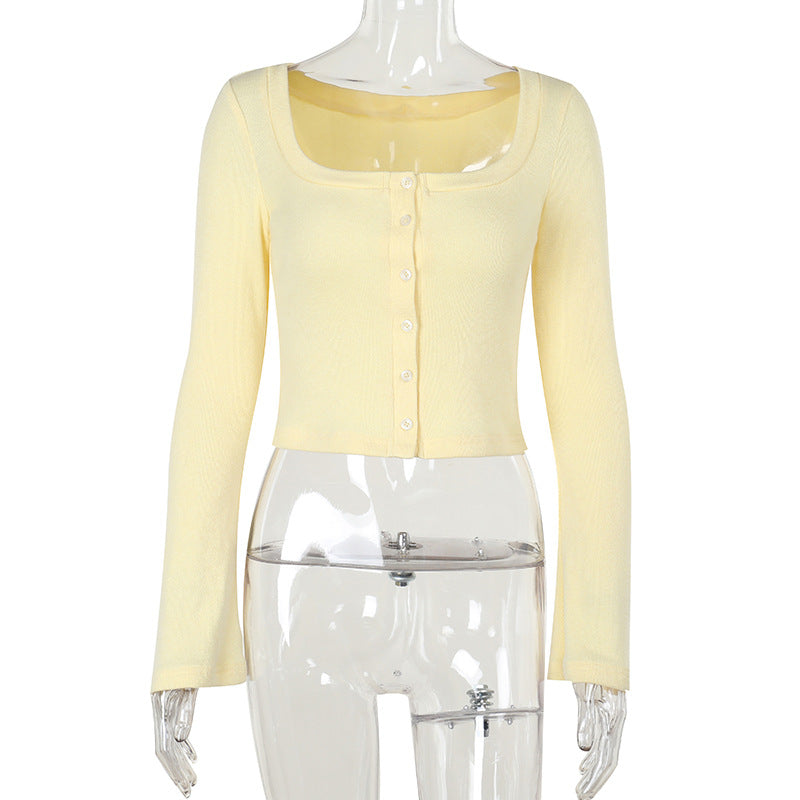 Damen Cropped Langarmshirt mit Knopfleiste und weitem Ausschnitt EB