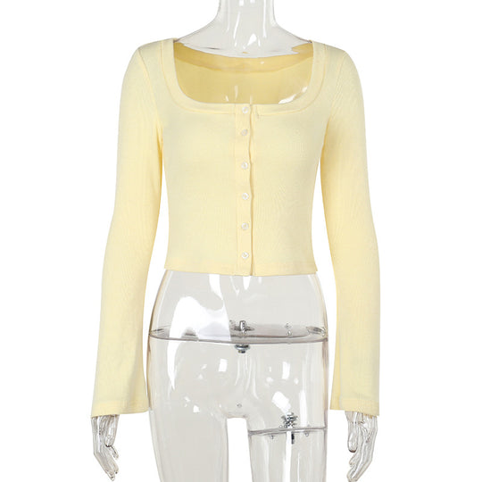 Damen Cropped Langarmshirt mit Knopfleiste und weitem Ausschnitt EB