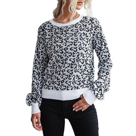 Damen Gemusterter Strickpullover mit Leopardenmuster EB