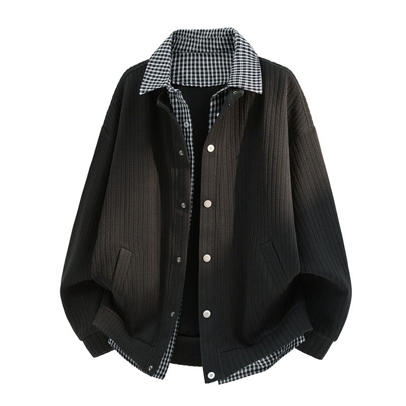 Herren lässige Strick-Überhemdjacke mit kariertem Hemdkragen und Druckknopfblende EB