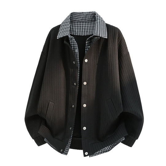 Herren lässige Strick-Überhemdjacke mit kariertem Hemdkragen und Druckknopfblende EB