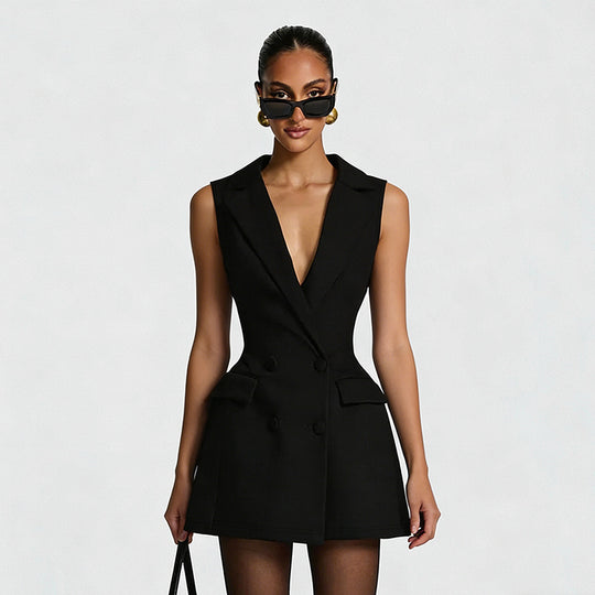 Damen Blazer-Kleid mit doppelter Knopfleiste und schickem V-Ausschnitt EB