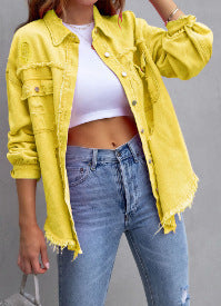 Damen Stylische Overshirt-Jacke mit fransigem Saum EB