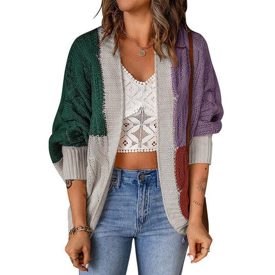 Damen lässige Strickjacke mit buntem Patchwork-Design und weitem Schnitt EB