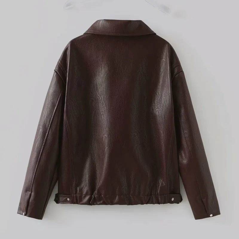 Damen Oversized Kunstlederjacke mit breitem Kragen und Reißverschluss EB