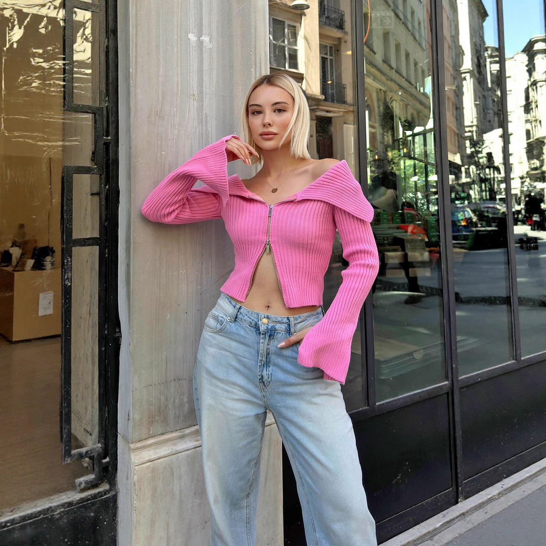 Damen Strickjacke mit weitem Ärmeldesign und Reißverschluss EB