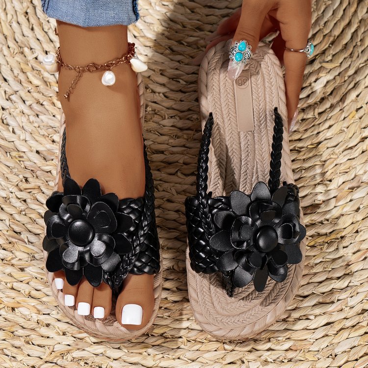 Damen Geflochtene Zehentrenner‑Sandalen mit XXL‑Blütenapplikation und gepolstertem Komfortfußbett EB