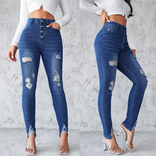 Damen Jeans im modernen Skinny Fit mit knöpfen und modischen Rissdetails EB