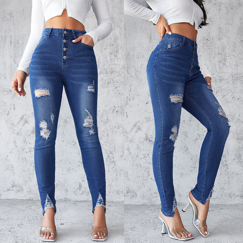 Damen Jeans im modernen Skinny Fit mit knöpfen und modischen Rissdetails EB