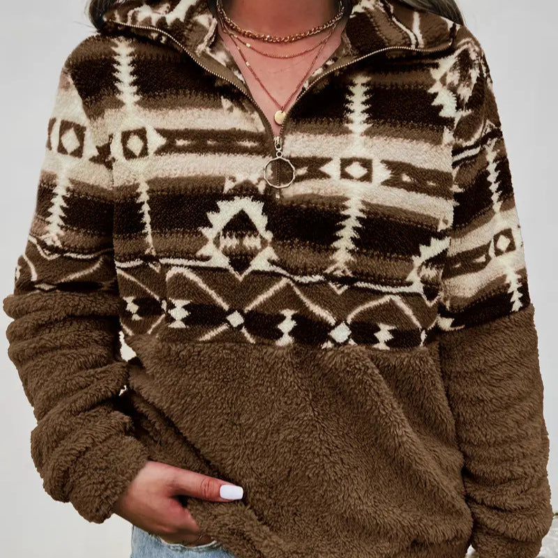 Damen Fleece-Pullover mit modernem Aztekenmuster und Stehkragen EB