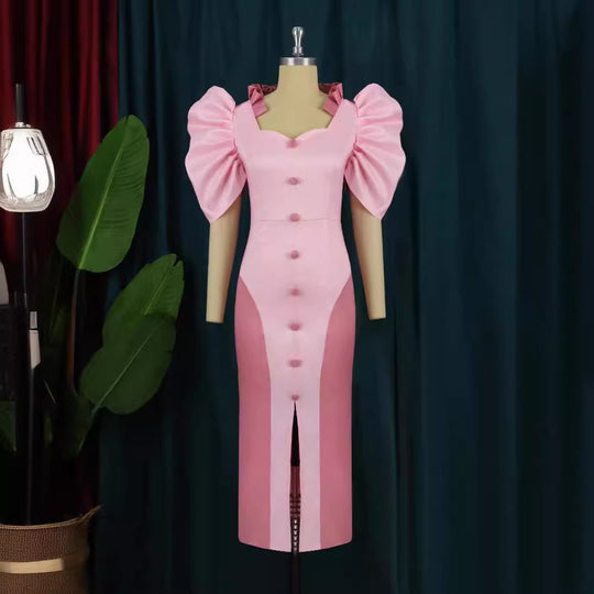 Damen Cocktailkleid mit voluminösen Puffärmeln und elegantem Schlitz EB