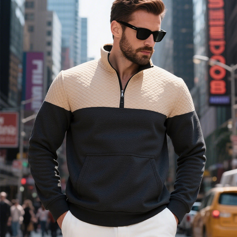 Herren Colorblock-Halbzip-Sweatshirt mit gesteppter Brustpartie, Kängurutasche und elastischen Bündchen EB