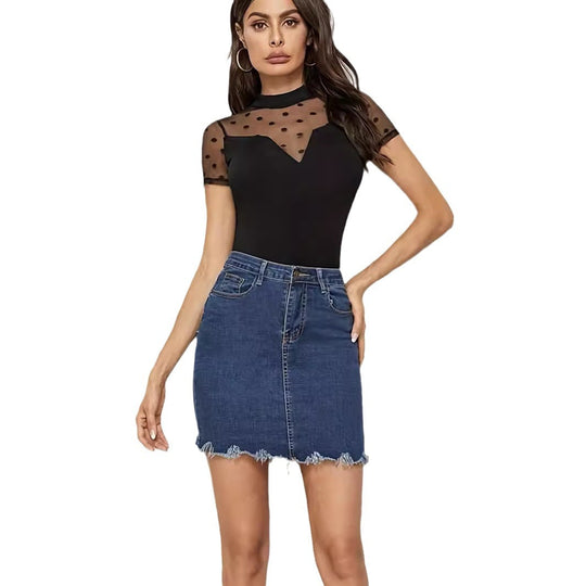 Damen Bodysuit mit transparenten Punkten und hochgeschlossenem Kragen EB
