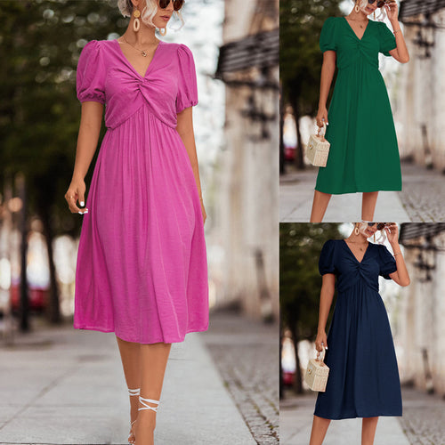 Damen Midikleid mit eleganter Raffung und voluminösen Puffärmeln EB