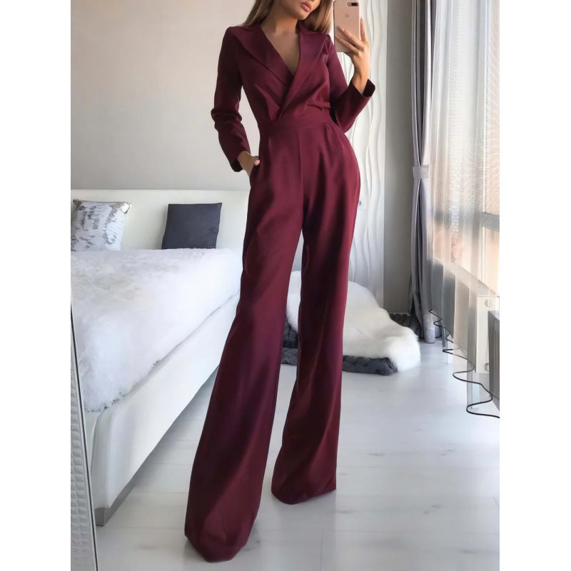 Damen eleganter Jumpsuit mit langem Bein und klassischem Schauspielkragen EB