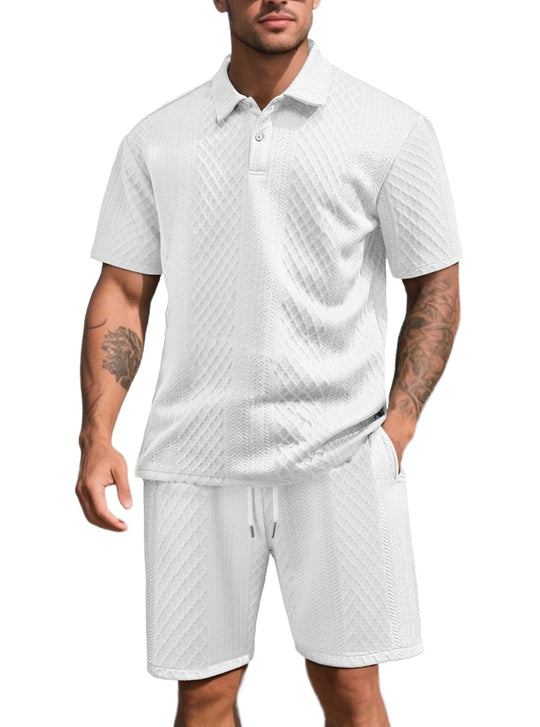 Herren nan dreidimensionales Relief-Freizeit-Set mit Polokragen, verdeckter Knopfleiste und elastischer Tunnelzugshorts EB
